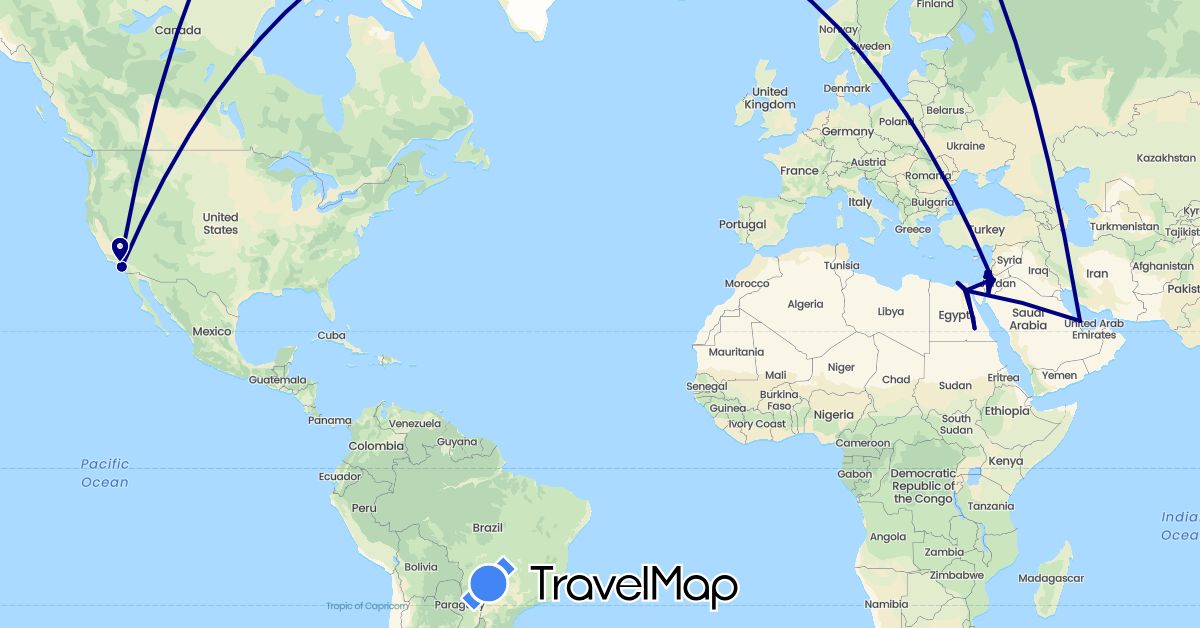 TravelMap itinerary: driving in Egypt, Israel, Jordan, Palestinian Territories, Qatar, United States (Africa, Asia, North America)